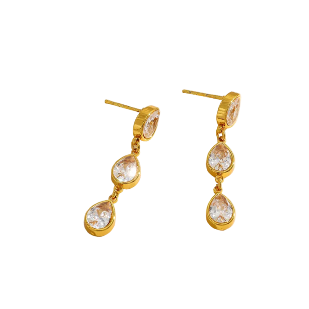 Χρυσά Σκουλαρίκια Με Τρία Ζιργκόν - Επιχρυσωμένο Ατσάλι