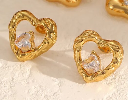 Χρυσά Σκουλαρίκια Καρδιά Με Ζιργκόν Καρδιά - Επιχρυσωμένο Ατσάλι