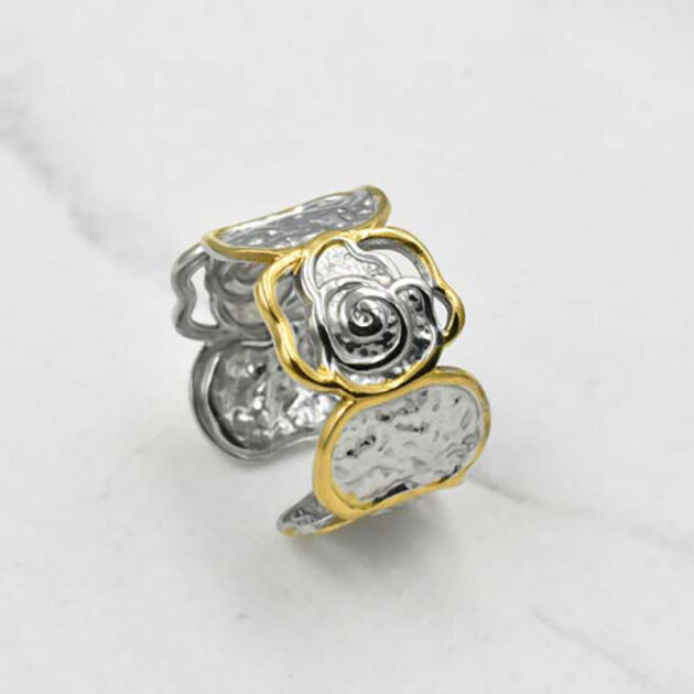Δίχρωμο Σφυρήλατο Δαχτυλίδι Τριαντάφυλλο - Ανοξείδωτο Ατσάλι