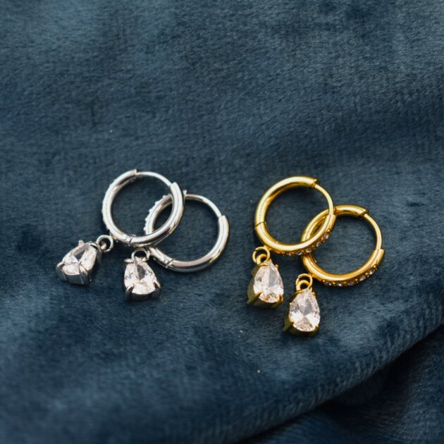 Κρικάκια Με Κρεμαστό Ζιργκόν Δάκρυ - Ανοξείδωτο Ατσάλι