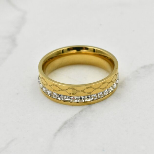 Χρυσό Δαχτυλίδι Με Ζιργκόν Και Μοτίβο - Ανοξείδωτο Ατσάλι