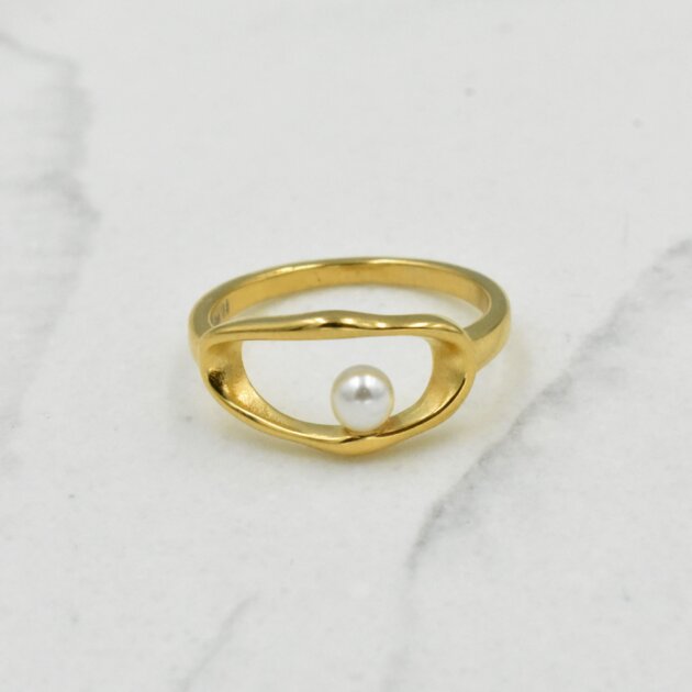Χρυσό Δαχτυλίδι Οβάλ Με Πέρλα - Ανοξείδωτο Ατσάλι