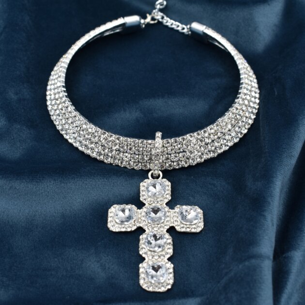 Ασημί Τσόκερ Με Σταυρό Με Ζιργκόν - Ανοξείδωτο Ατσάλι