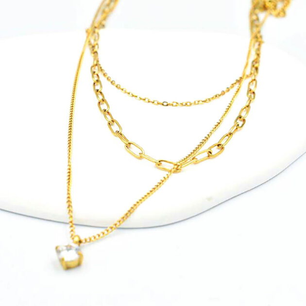 Τριπλή Αλυσίδα Λαιμού Με Ζιργκόν - Ανοξείδωτο Ατσάλι