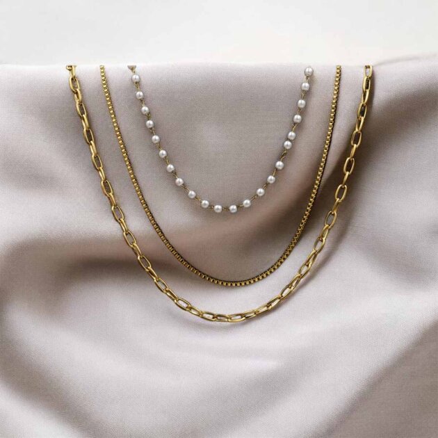 Τριπλή Αλυσίδα Λαιμού Με Πέρλες - Ανοξείδωτο Ατσάλι