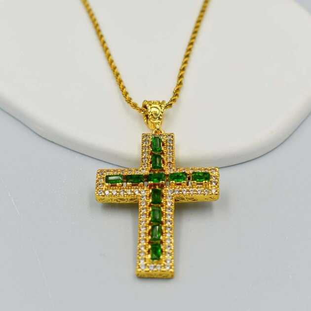 Σταυρός Με Ζιργκόν Και Πράσινες Πέτρες - Ορείχαλκος