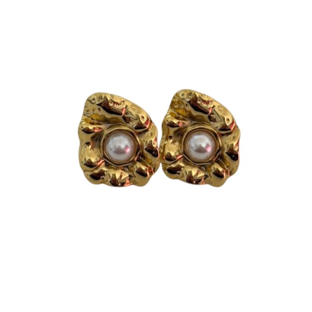 Χρυσά Ανάγλυφα Σκουλαρίκια Με Πέρλα - Ανοξείδωτο Ατσάλι