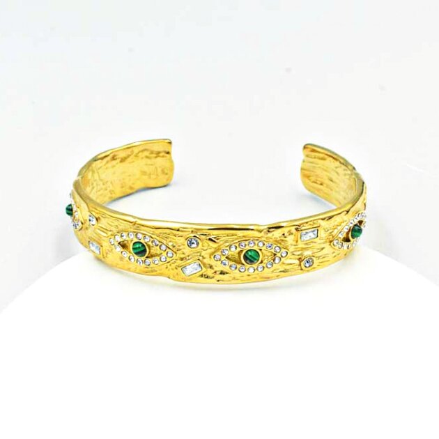 Χρυσή Χειροπέδα Με Λευκά Ζιργκόν Και Πέτρες Μαλαχίτη - Ανοξείδωτο Ατσάλι