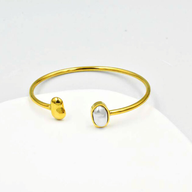 Χρυσή Χειροπέδα Με Πέρλα - Ανοξείδωτο Ατσάλι