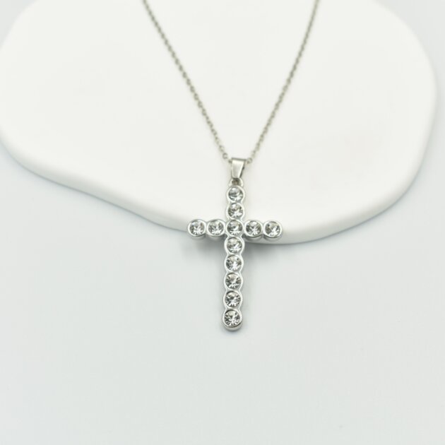 Ασημί Μεγάλος Σταυρός Με Στρογγυλά Ζιργκόν - Ανοξείδωτο Ατσάλι