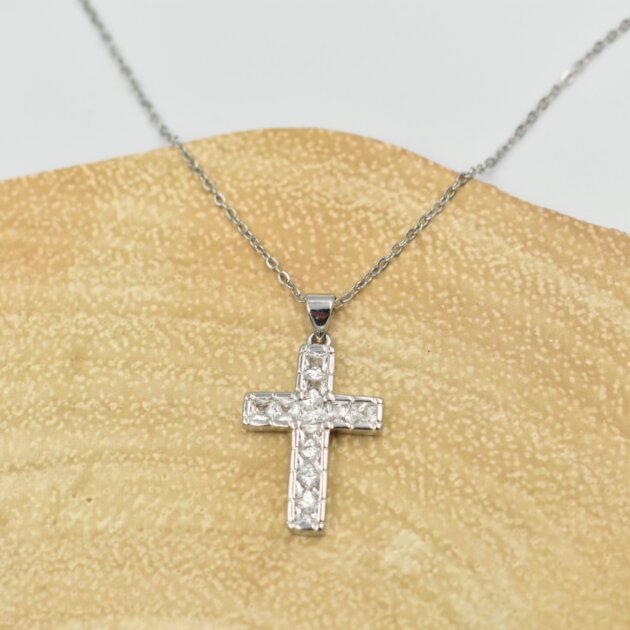 Ασημί Σταυρός Με Τετράγωνα Ζιργκόν - Ανοξείδωτο Ατσάλι